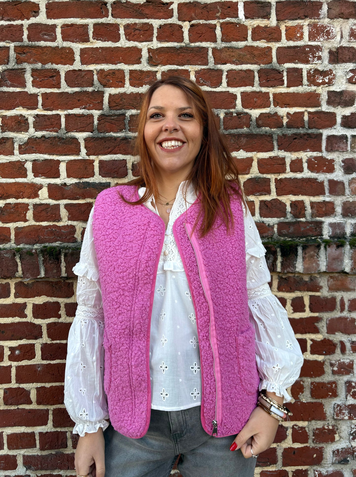 Veste zippée en moumoute rose