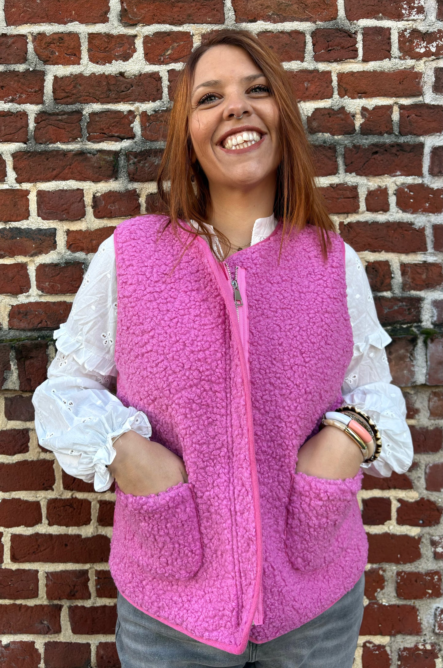 Veste zippée en moumoute rose