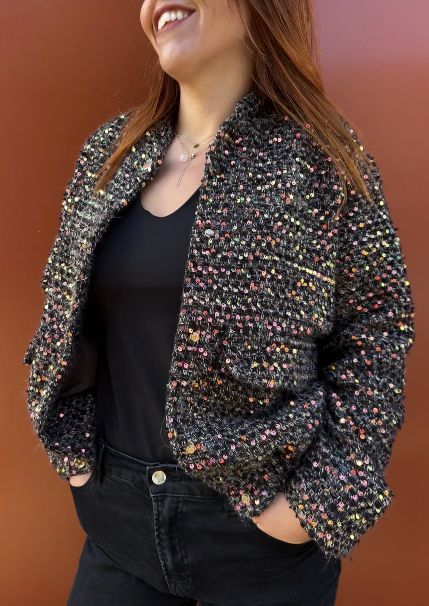 Bomber en tweed à sequins