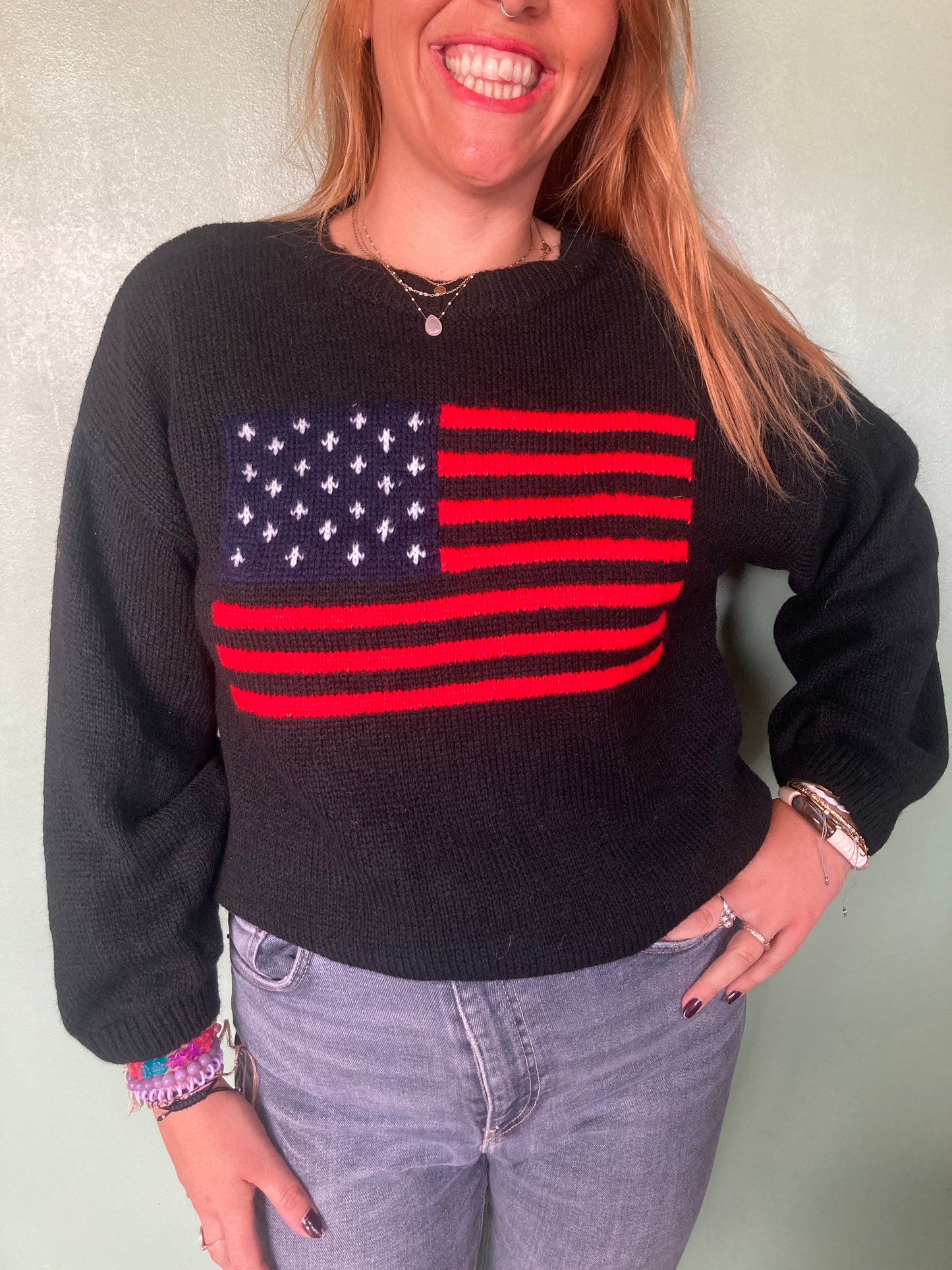 Pull drapeau USA noir en laine