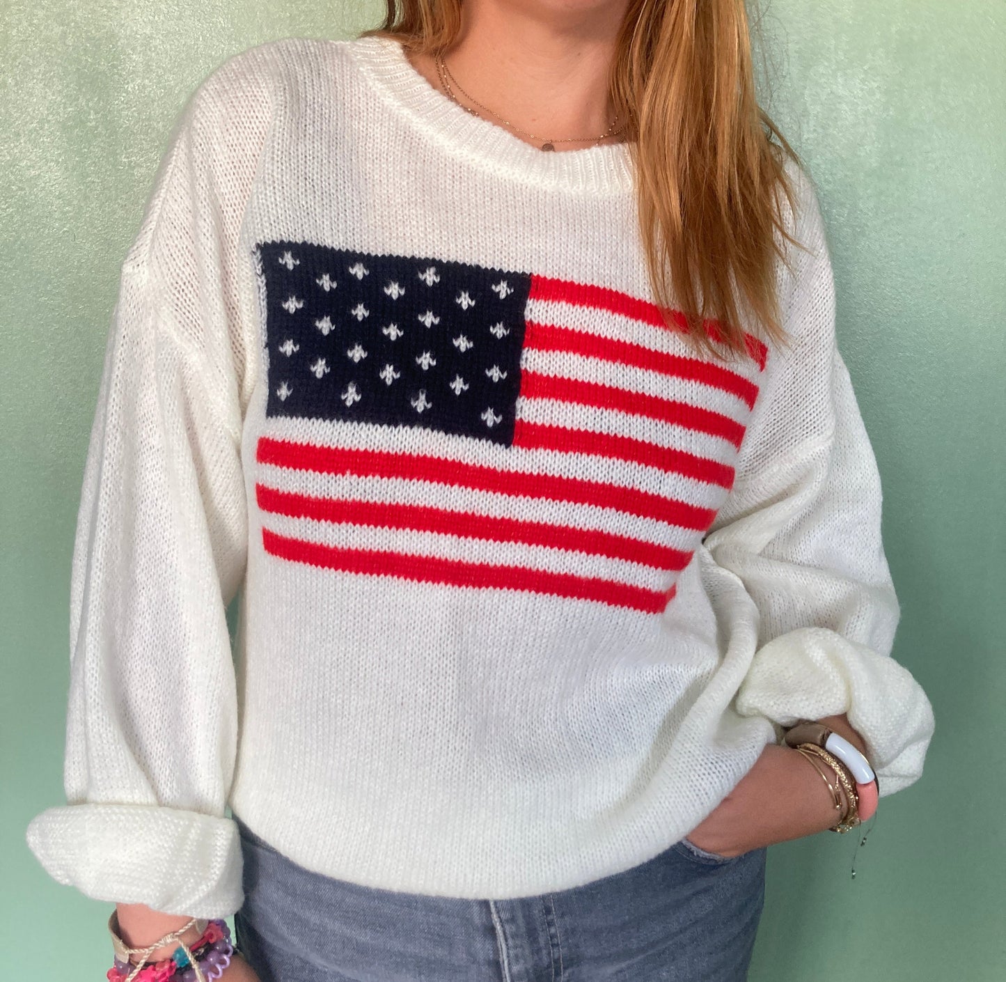 Pull blanc drapeau USA en laine