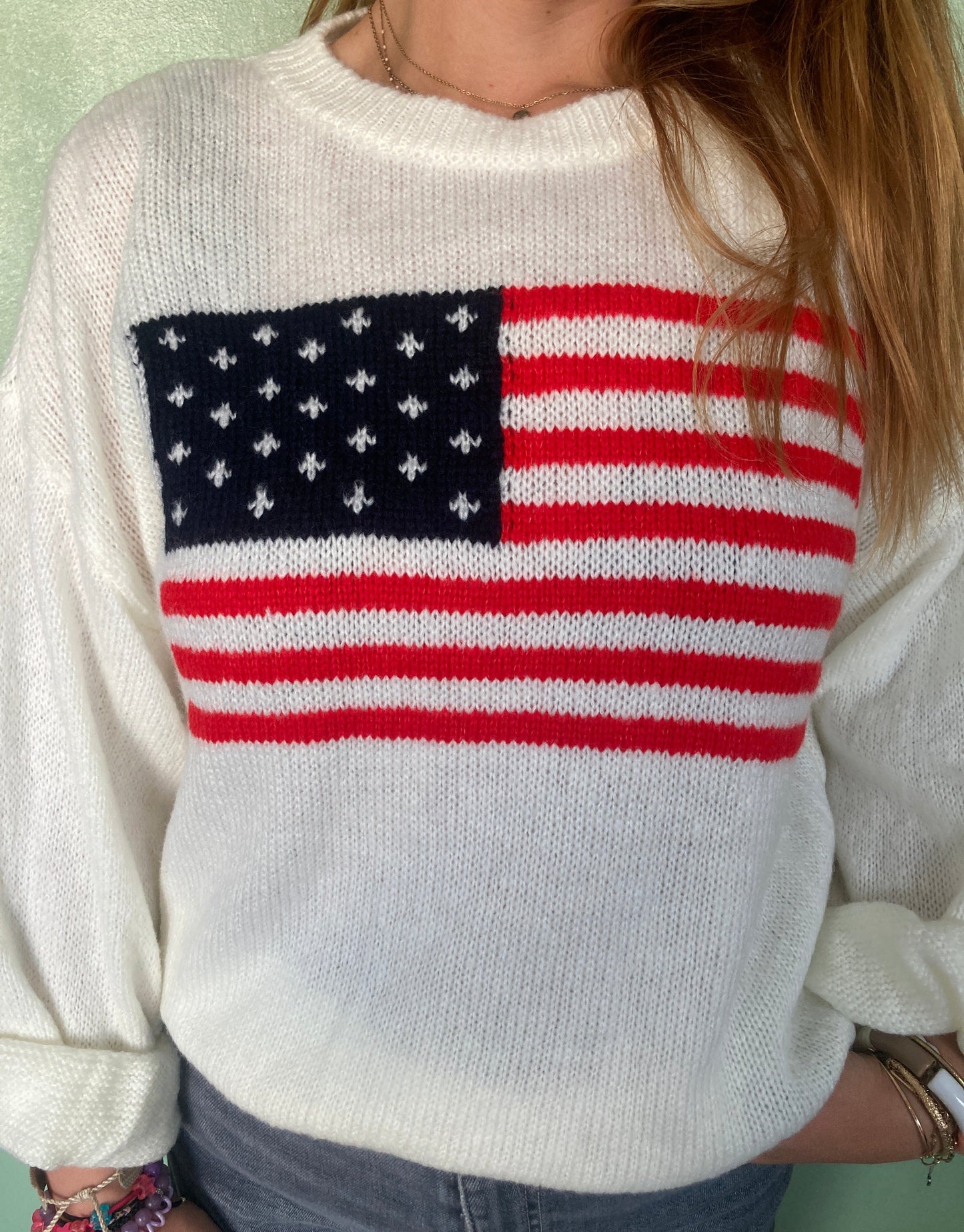 Pull blanc drapeau USA en laine