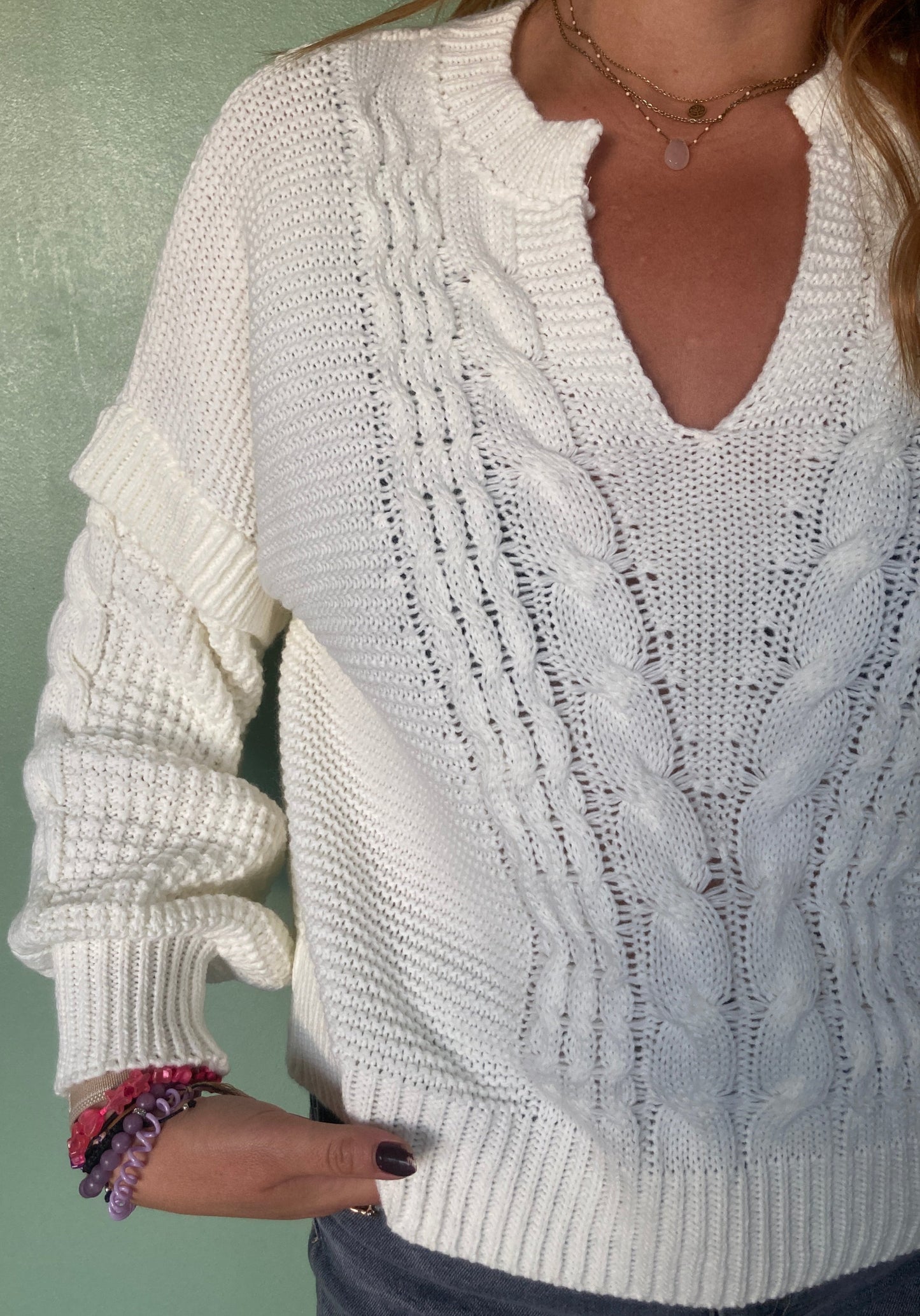 Pull en maille torsadée blanc crème