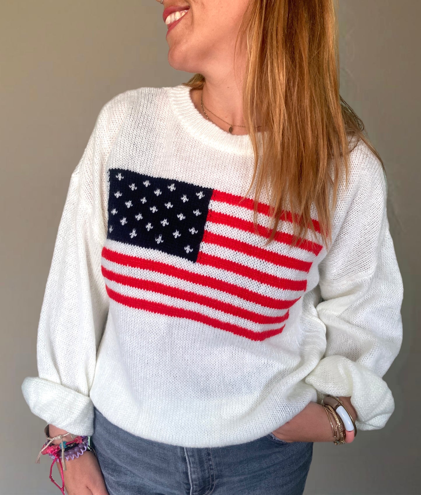 Pull blanc drapeau USA en laine