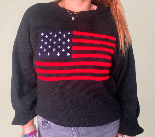 Pull drapeau USA noir en laine