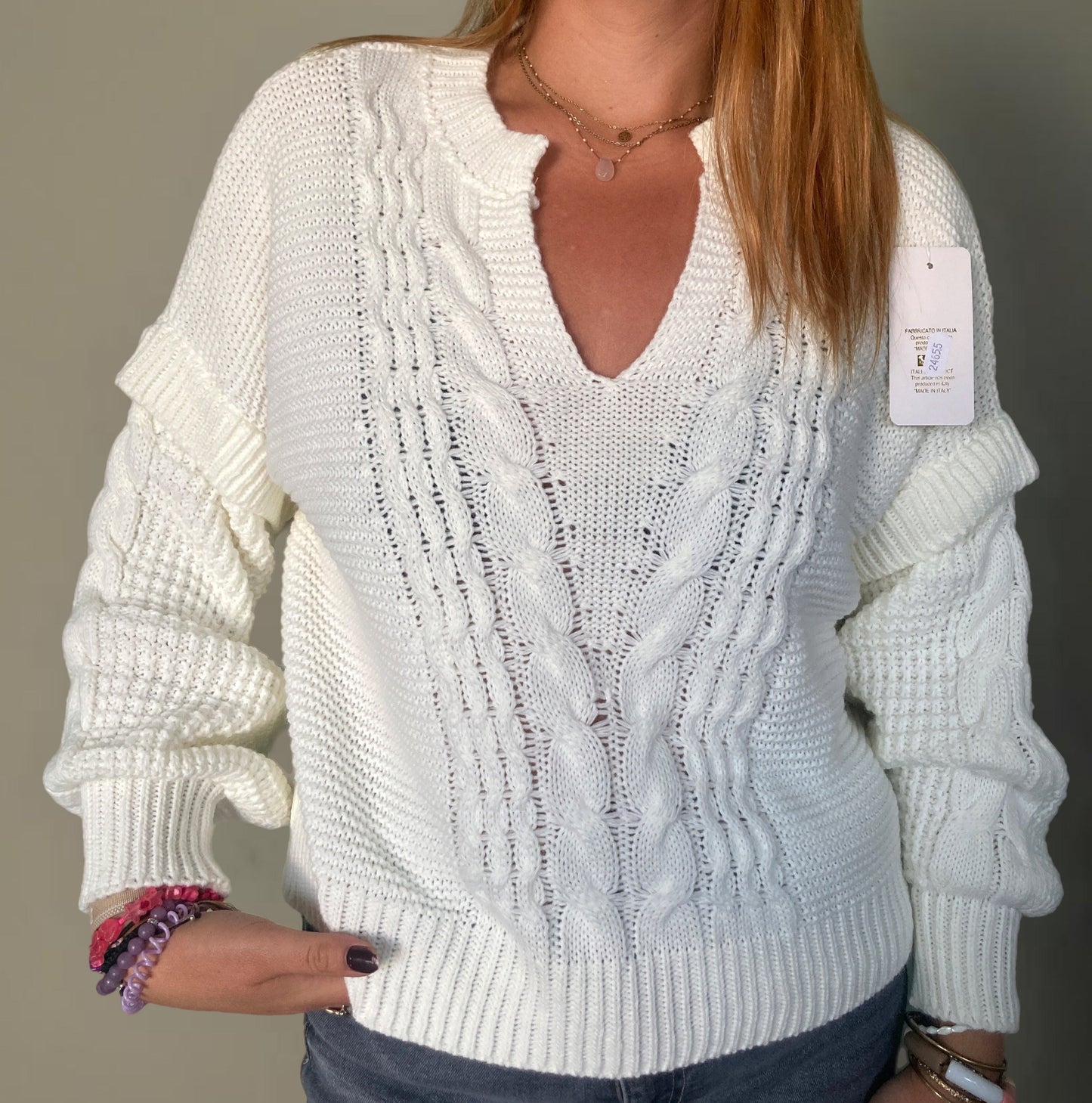 Pull en maille torsadée blanc crème